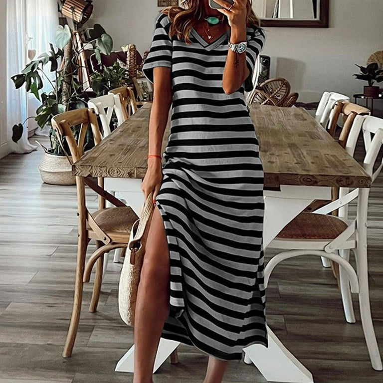 Women's Casual Maxi Dress Short Sleeve V Neck Loose Long Beach