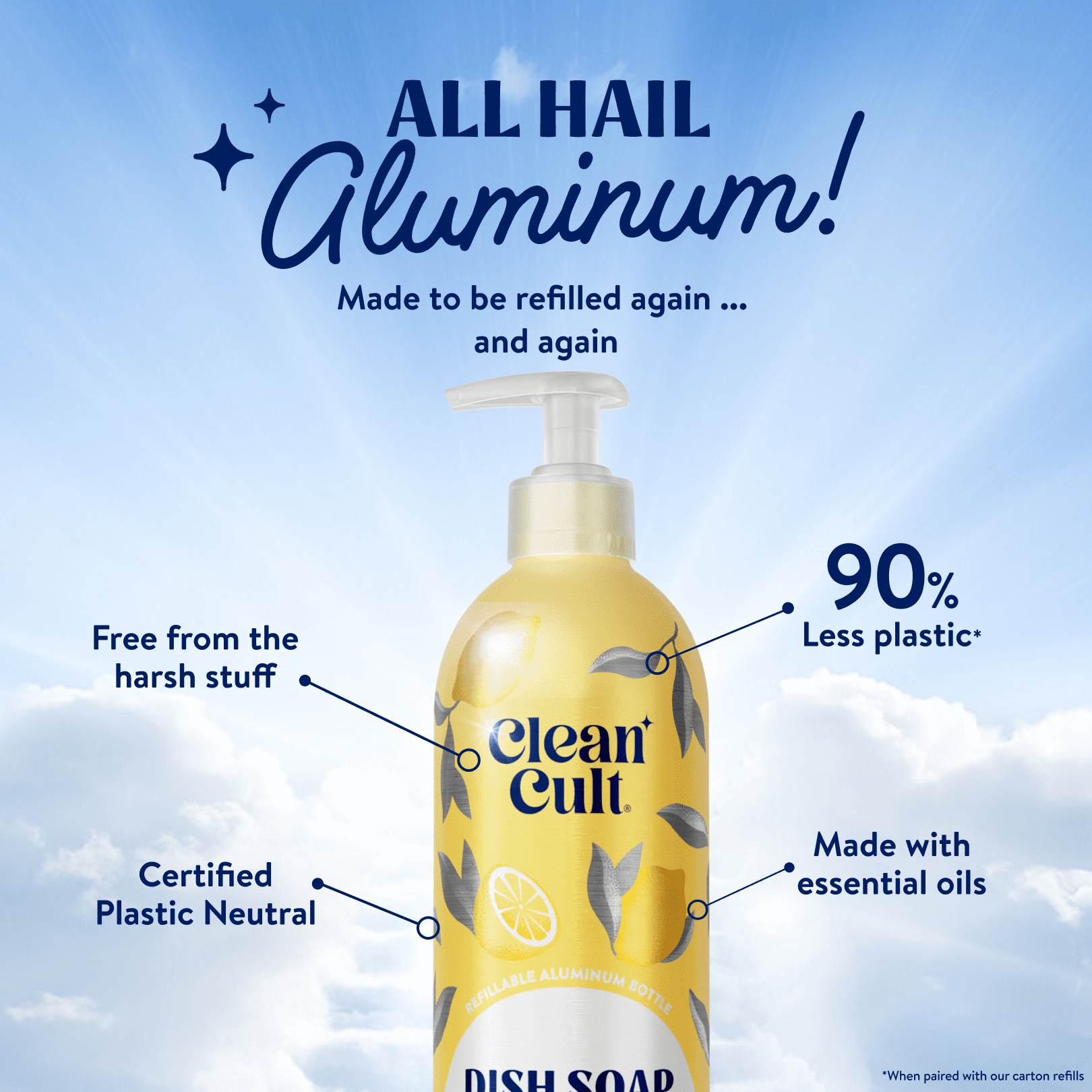 (2 pack) Cleancult Dish Soap, Refillable Aluminum Bottle, Lemon Verbena, 16 fluid oz