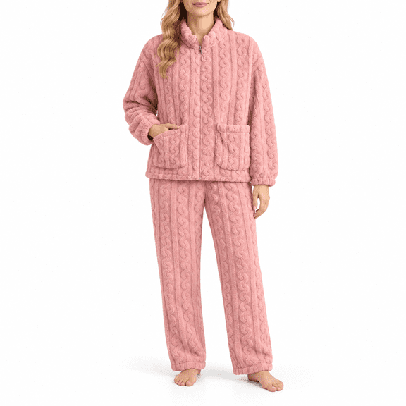 CAZOFW Pajamas for Women,Flannel Zip Up Long Sleeve Top Pants Set Warm Fleece Sleepwear Sizes L-2X