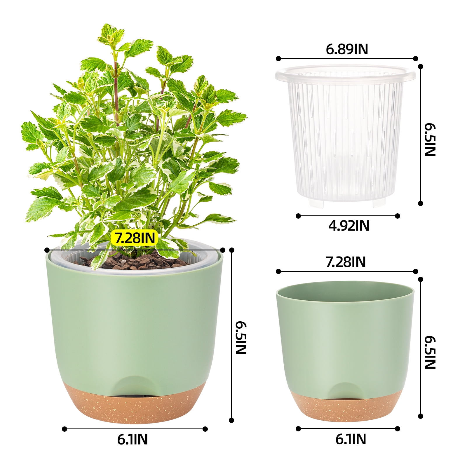 QCQHDU 7.2 Inch Self Watering Planters for Indoor Plants with Bottom Watering,2Pack Flower Plant Pots for Outdoor with Drainage, Durable Plastic planters Pots(Green)