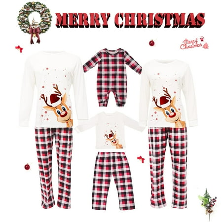 

Family Matching Christmas Pajamas Set Deer Tops+Plaid Pants Xmas Holiday Loungewear Sleepwear Pjs Set for Adult Kids Baby