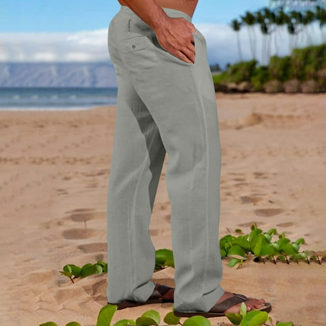 Pantalones de lino y algodón con cintura elástica para hombre, informales, lisos, con bolsillos