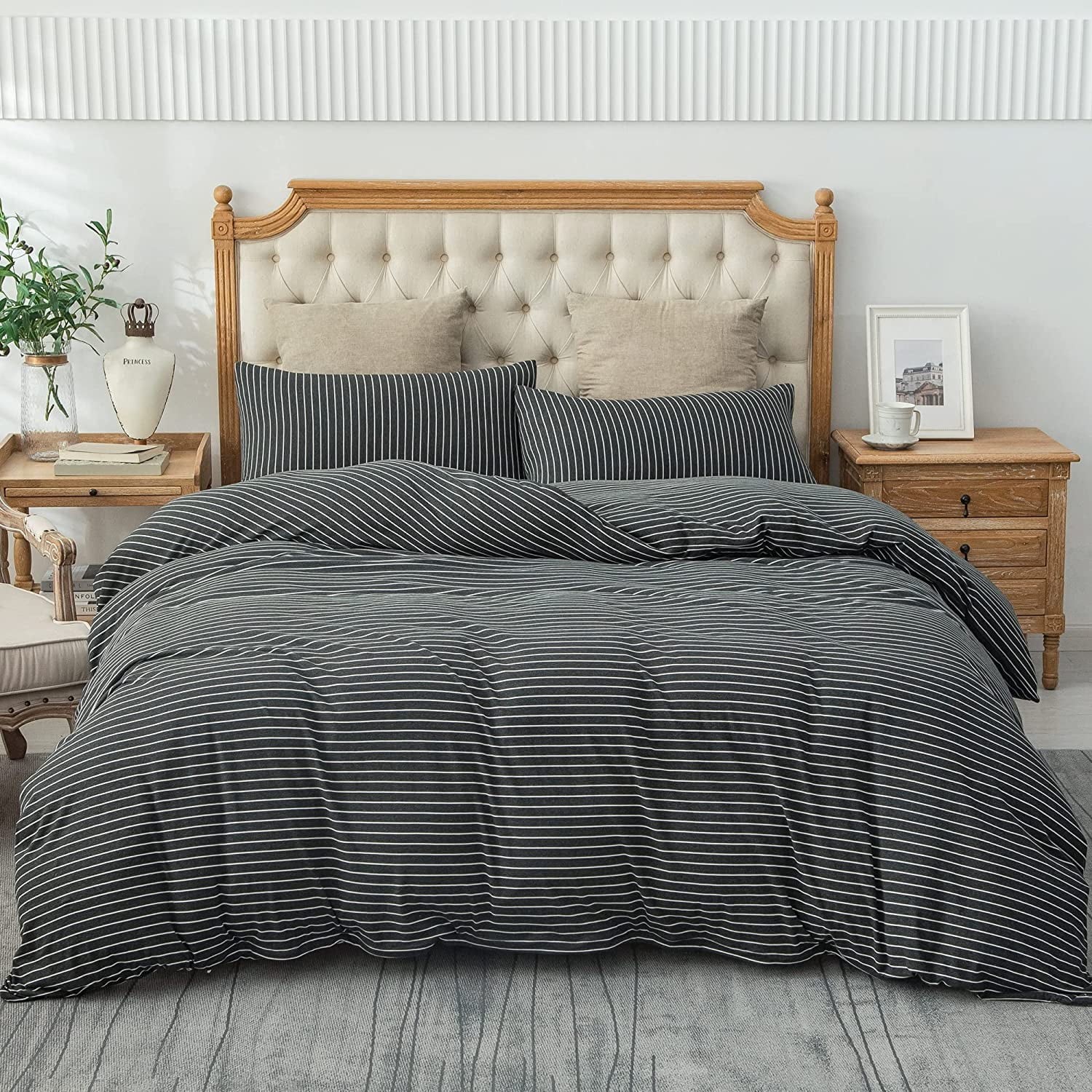 PURE ERA Duvet Cover Set - Ultra Soft Heather Jersey Knit Cotton Home Bedding Narrow Pinstripes Black & White King Size, 1 Comforter Cover and 2 Pillow Shams