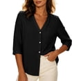 thumbnail image 2 of Women Solid Textured V Neck Button Up Shirt, Three-Quarter Rolled Sleeve Casual Blouse Top With Chest Pocket, Lightweight Breathable Summer Daily Wear Shirts, 2 of 9