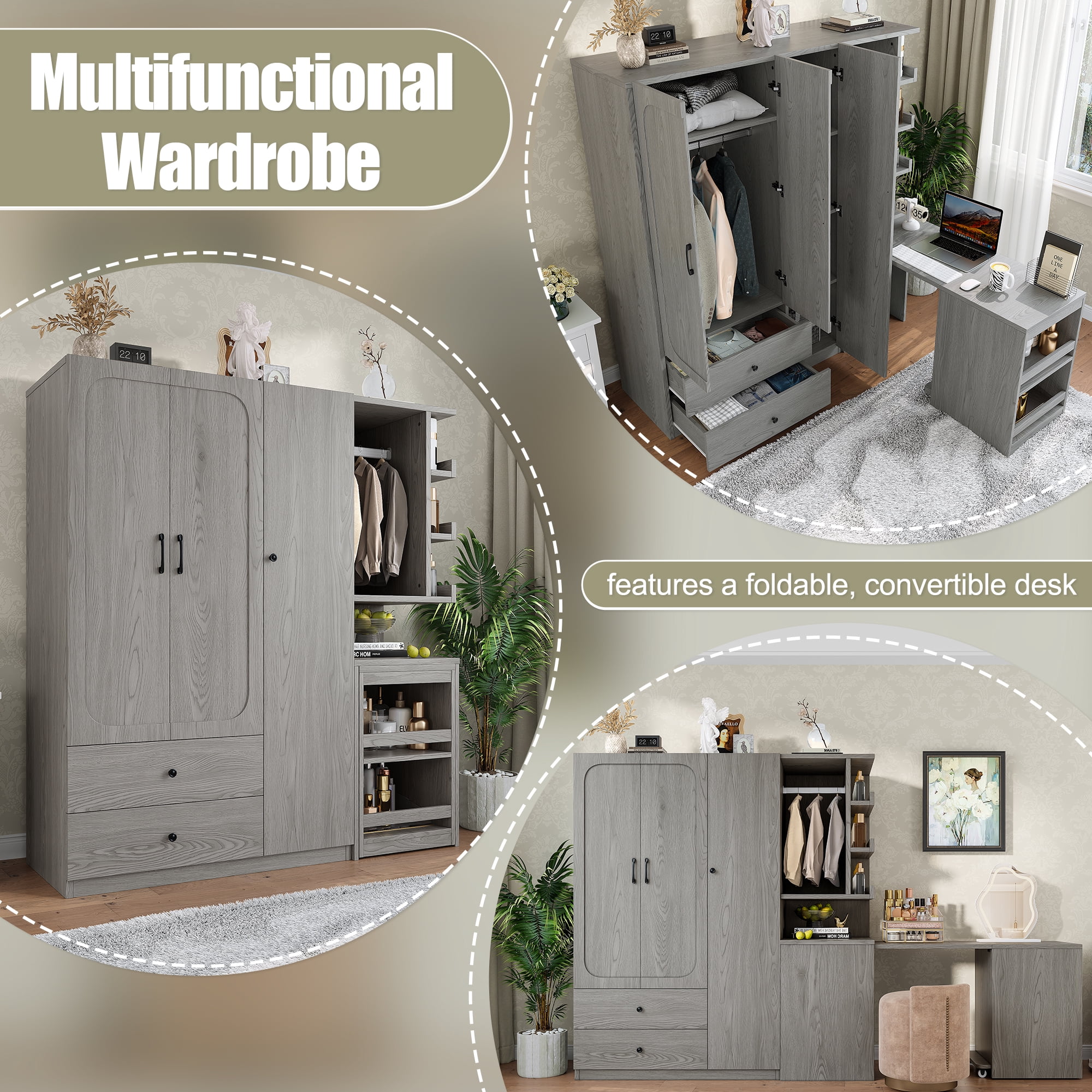 Mintazer Multifunctional Wardrobe Closet with Convertible Foldable Desk & Open Shelves, Clothes Storage Cabinet with Hanging Rod & Drawers for Bedroom Cloakroom Apartment, Gray