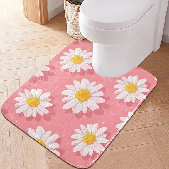 Toilet Rug U-Shaped Bathroom Rugs Non-Slip Soft Plush Machine Washable Contour Bath Mat Cute White Daisy 24x20