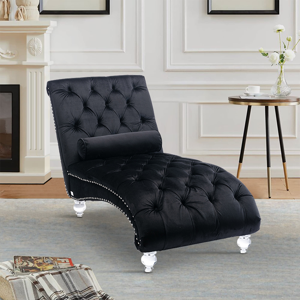 Black Velvet Chaise Lounge with Pillow, KAMIDA Indoor Chaise Lounge Furniture, Modern Lounge