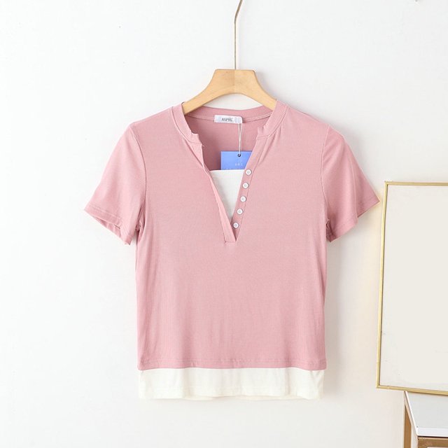 LOVZFMLL Hauts d'Été pour Femmes Mode Décontractée Couleur Unie T-shirt à Manches Courtes