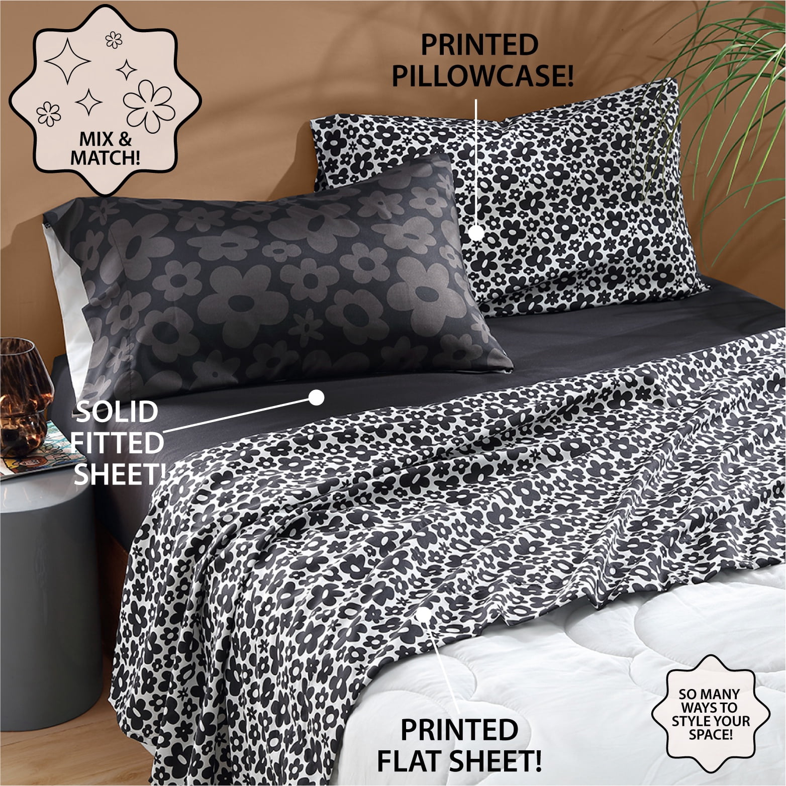 Urban Shop 8 Piece Black and White Floral Mix and Match Sheet Set, Full