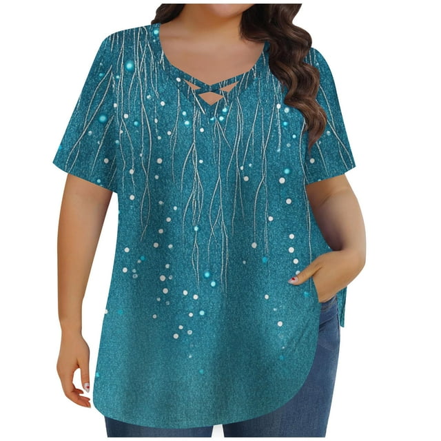 Chemisier pour Femmes, Haut à Col en V à Manches Courtes Imprimé Grande Taille en Tissu Polyester, Longueur Régulière, Tenue Décontractée d'Été