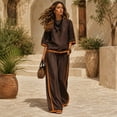 thumbnail image 4 of Szluipve Linen Sets for Women 2 Piece 2 Piece Linen Outfit Contrast Trim 3/4 Sleeve Crew Neck Top & Wide Leg Pants Set Loose Casual Beach Vacation Tracksuit Suit Brown L, 4 of 7