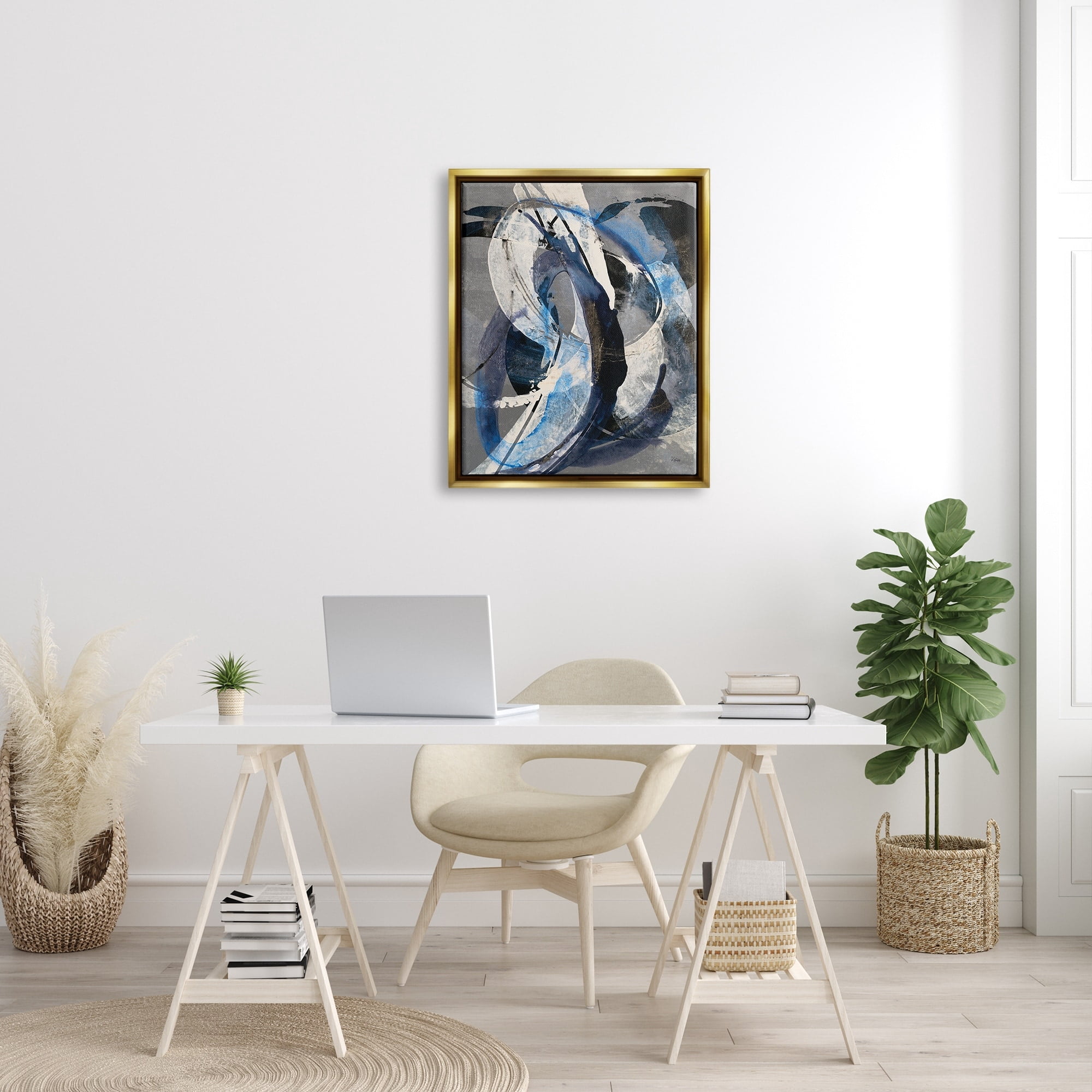 Stupell Industries Aquatic Themed Fluid Abstraction White Blue Paint Swirls Luster Gray Framed Floating Canvas Wall Art, 16x20, by K. Nari