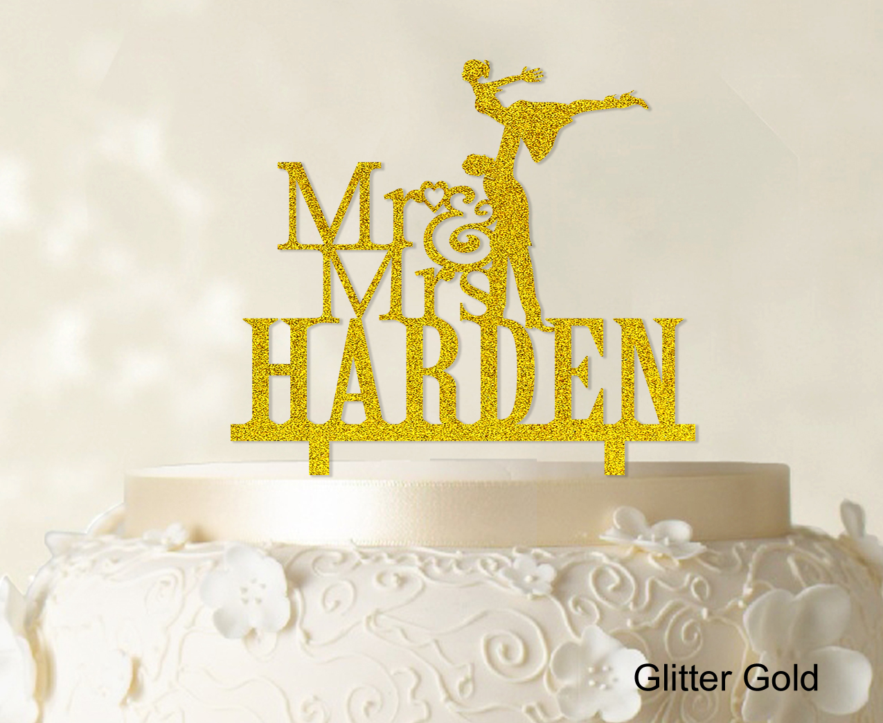"Mr & Mrs Wedding Cake Topper Personalized Glitter Yellow Cake Topper