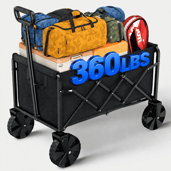 Sakugi Collapsible Wagon, 80L Capacity Heavy-Duty Wagon Cart with Foldable Structure, Shopping Cart with Wheels for Camping, Sports, 28" x 17" x 36", Black