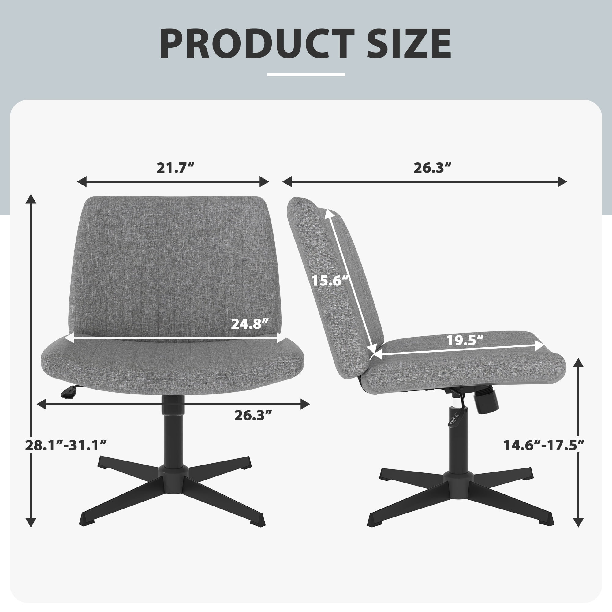 Home Office Chair Armless Criss Cross Legged Chair No Wheels, Wide Comfy Desk Chair Makeup Vanity Chair, Height Adjustable Swivel Fabric Computer Chair Task Chair, Grey