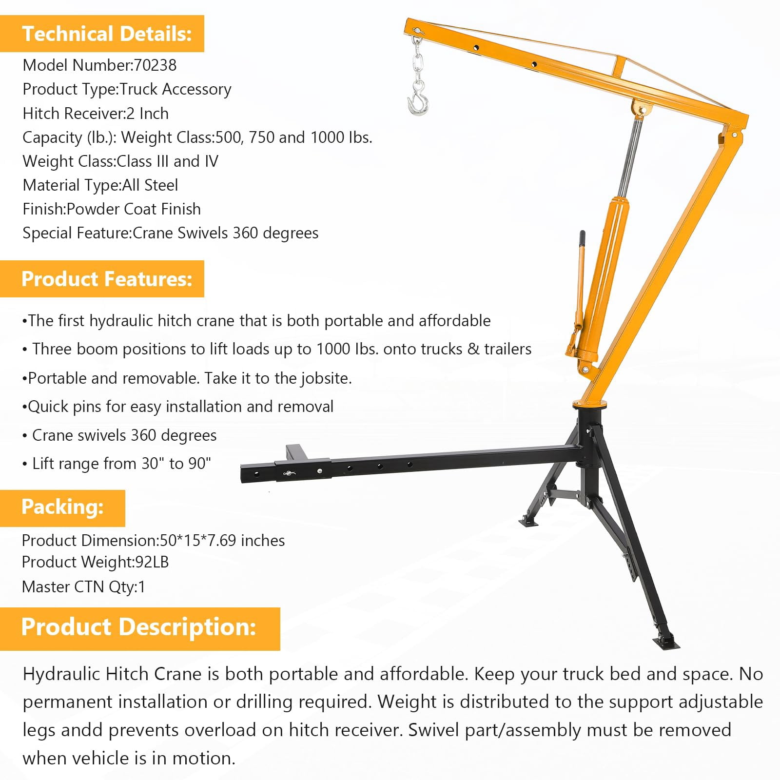 Accreate Hitch Mounted Truck Crane, 360° Swivel Hydraulic Pickup Crane with 3 Boom Capacities (500/750/1000 Lbs), Hoist for Lifting Construction Goods, Heavy Duty