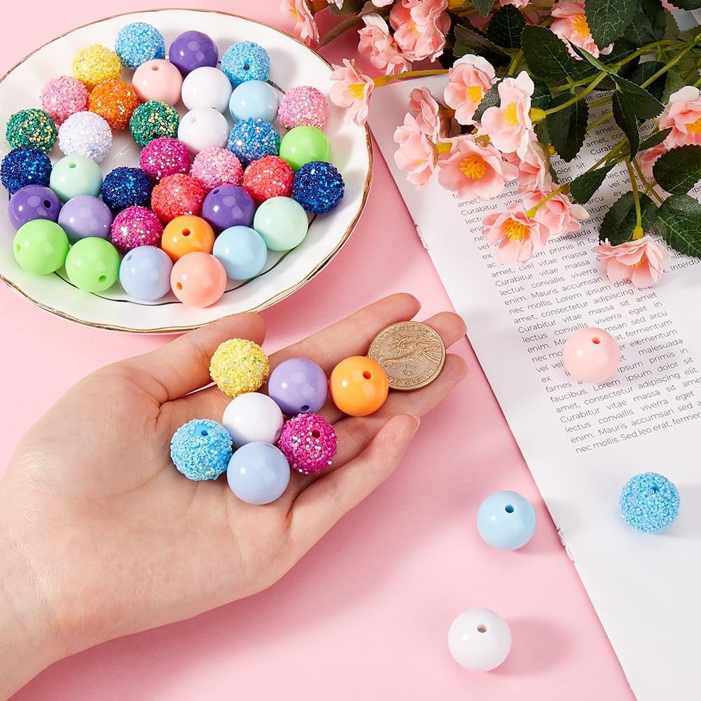 100Pcs Disco Ball Bead Beadable Pens Beads Bulk Acrylic Colorful Bubblegum Rhinestone Chunk Beading Round Large Loose Spacer Beads for Jewelry Making DIY Craft Pen Bracelet Supplies