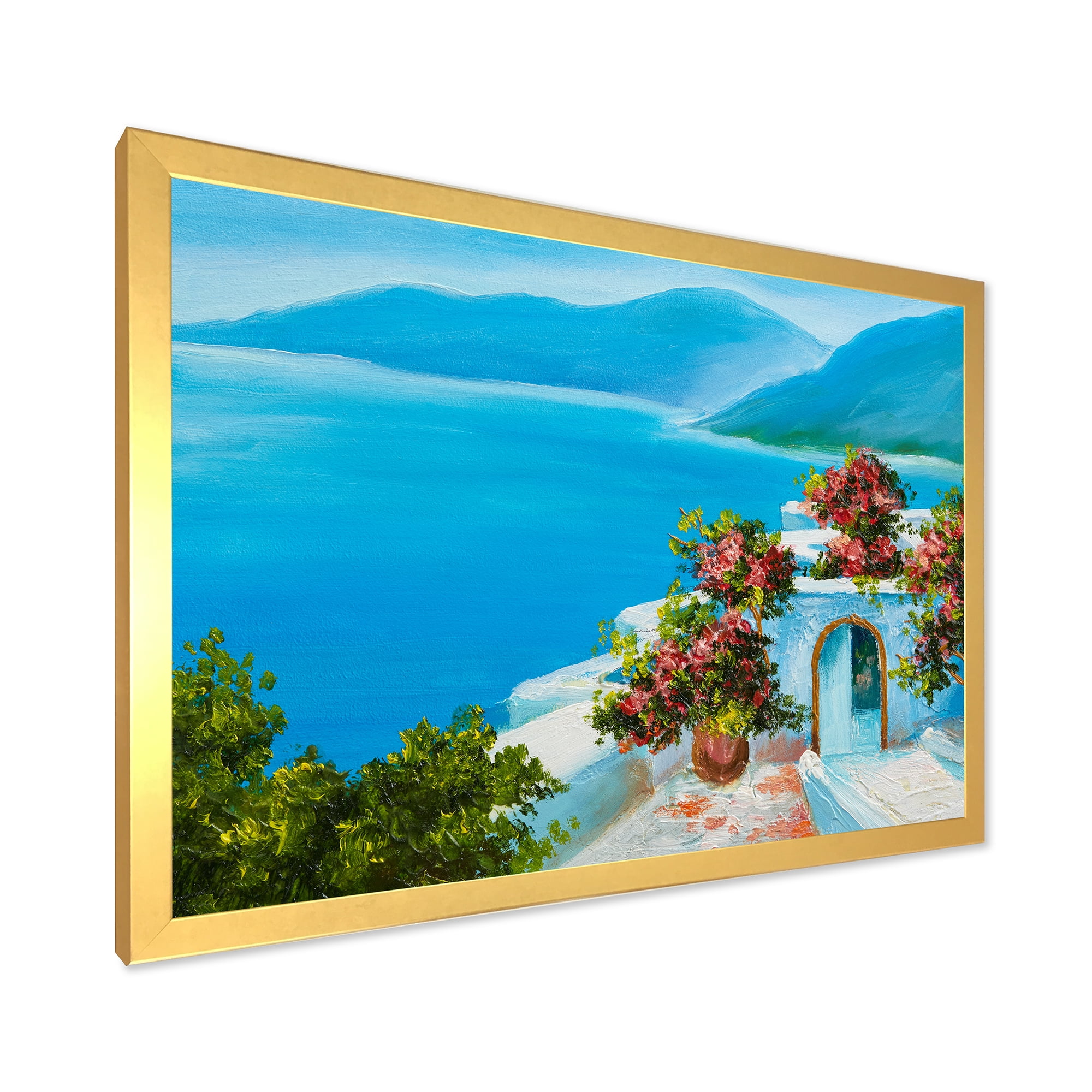 Designart 'House With Colorful Flowers Near The Sea I' Nautical & Coastal Framed Art Print