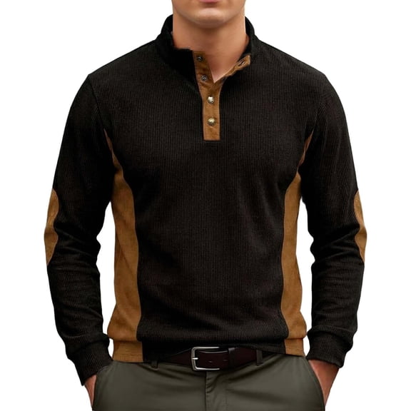 Corduroy Polo Shirts for Men Spring Fall Casual Long Sleeve Stand Collar Color Block Work Shirts
