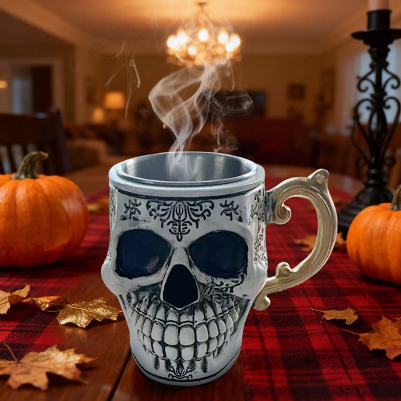 Royal Gothic Skull Coffee Mug, Ornate Ceramic Tea Cup with Intricate Bone Design, Unique Home Decor and Themed Gift for Halloween and Collectors