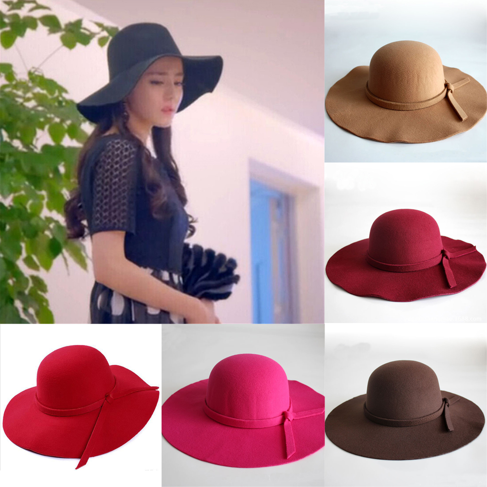 Puloru Elegant Wide Brim Sun Hat Bowler Hats Retro Ladies Wool Floppy Felt Fedora Hat - image 5 of 5