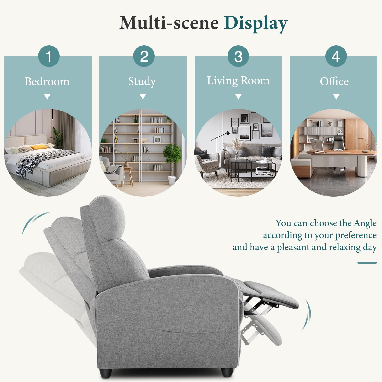 JOINSUN Modern Massage Recliner Chair with Vibration & 160° Lay-Flat Function – Space-Saving Small Sofa for Home Theater, Apartment, or Bedroom, 275lbs Weight Limit, Gray