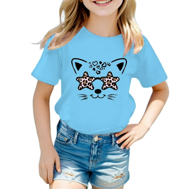 GDREDA Vêtements pour Filles, T-Shirt Graphique Mignon à Col Rond et Manches Courtes, Tunique d'Été Décontractée pour Fille, Bleu, 11-12 Ans