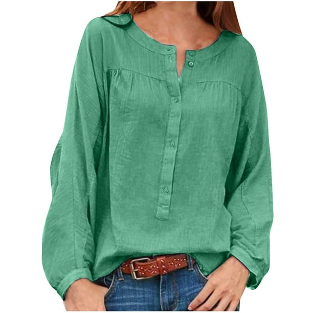 Blusa de manga larga informal con botones de tubo abierto de color sólido con cuello redondo para mujer Fridja hkj884