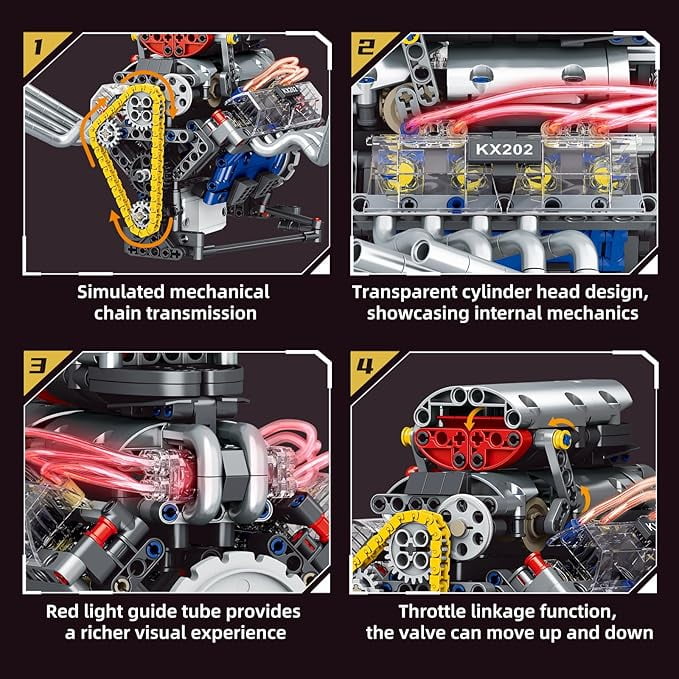 V8 Engine STEM Blocks Toy: Working Visible Car Engine Model with Motor, Lights & App Control, Build Kit for 14+, Office Bedroom Desktop Decoration