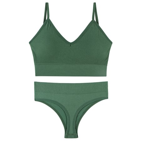 

Women Wheel-Free Bra and Thong Set Rib Underwear High Cut Panties for Daily Sports No Trace Push-up Camisole Girl s Underwear Solid Color M Green