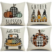 Thanksgiving Day Throw Pillow Covers for Thanksgiving Decoration Farmhouse Buffalo Check Plaid Thanksgiving Pillows for Home Decor Throw Pillows, 18x18 in, Set of 4