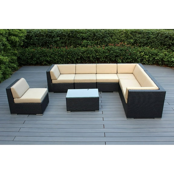 Ohana 8 Piece Outdoor Wicker Patio Furniture Sectional Conversation Set - Black Wicker