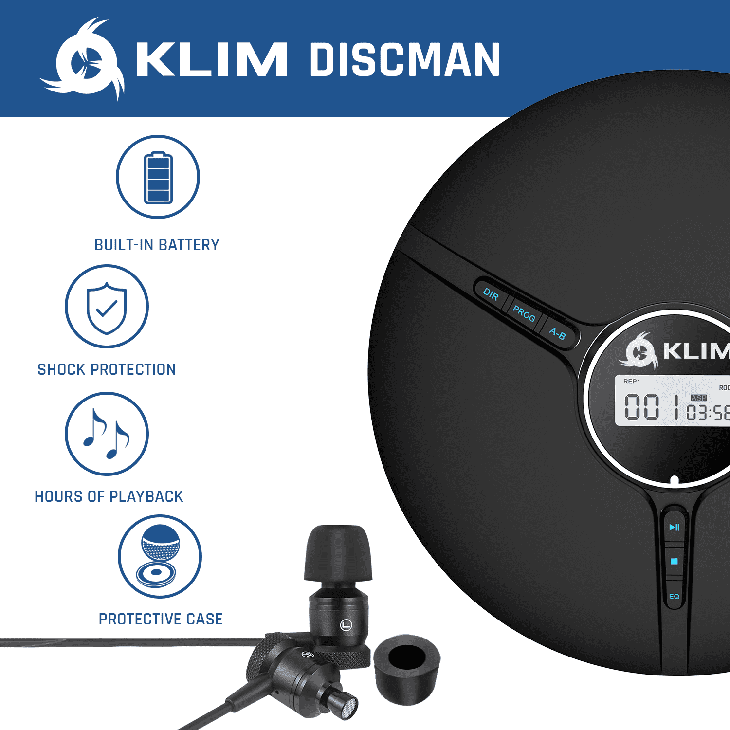KLIM Discman Portable Compact CD Player with Built-in Battery, Includes Fusion Earphones.  MP3 CR-R/CD-RW Compatible, Black