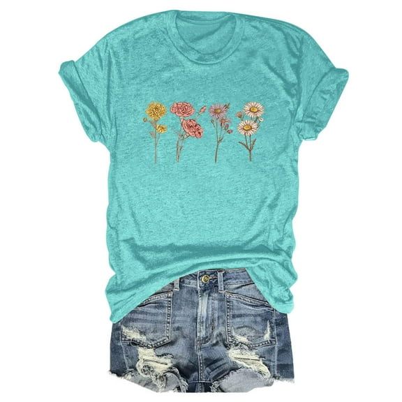WNEGSTG T Shirts for Women Vintage Floral Printed T Shirt Mint Green