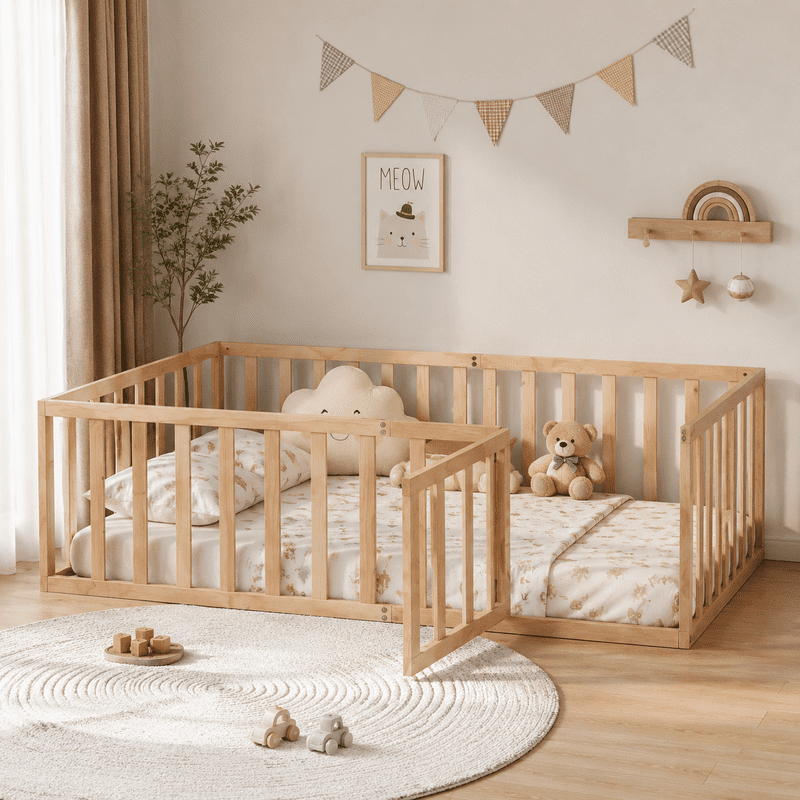 Twin Size Floor Bed Platform Bed with Fence and Door, Wood Montessori Bed Toddler Bed Playhouse Bed for Boys Girls, No Slats