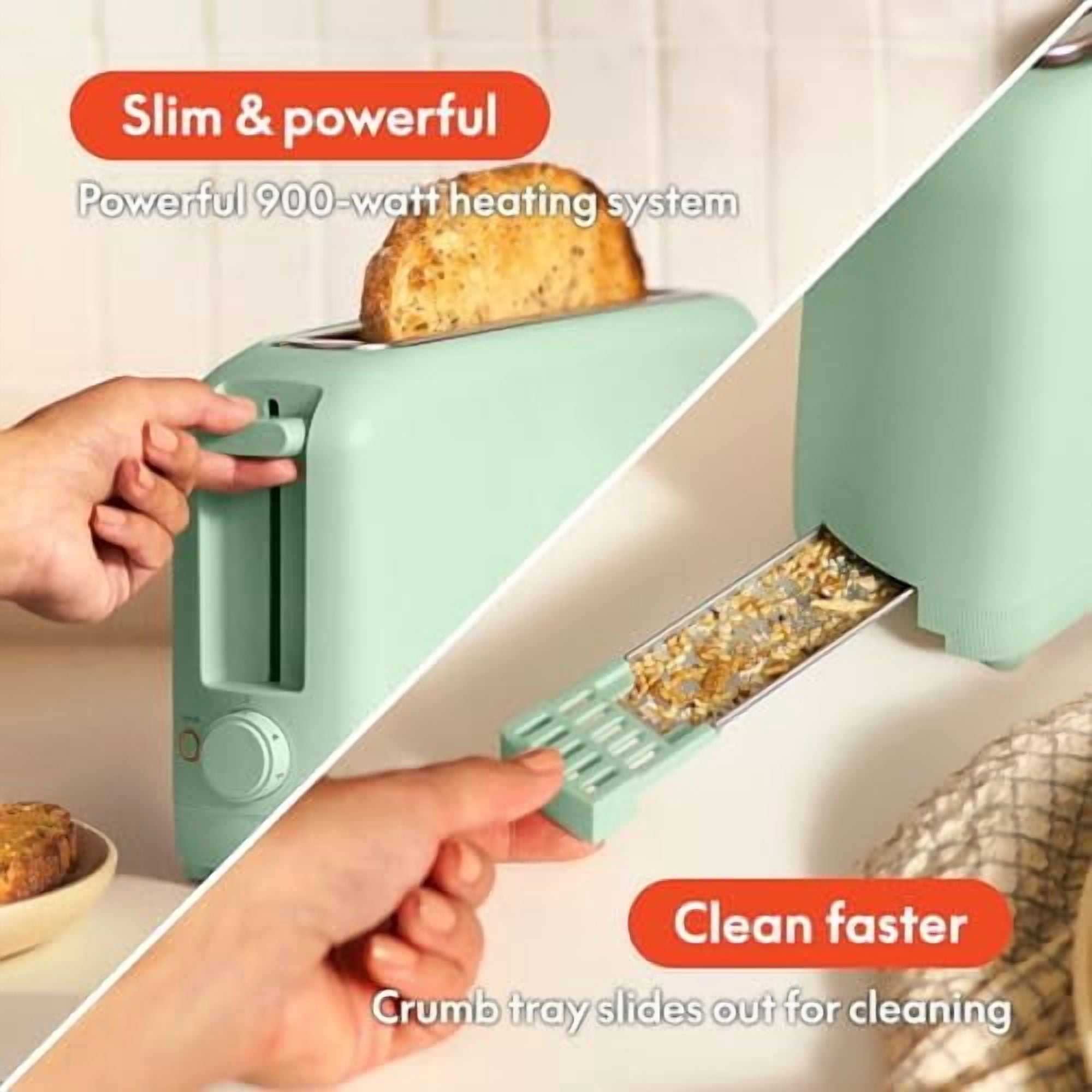 2 Slice Slim Toaster, Fits-anywhere™ Kitchenware, 6 Setting Shade Control with Reheat & Cancel Buttons, Fits Sourdough, 10” Long Slot, Anti Jam & Auto Shutoff, 900 Watt, Seaglass