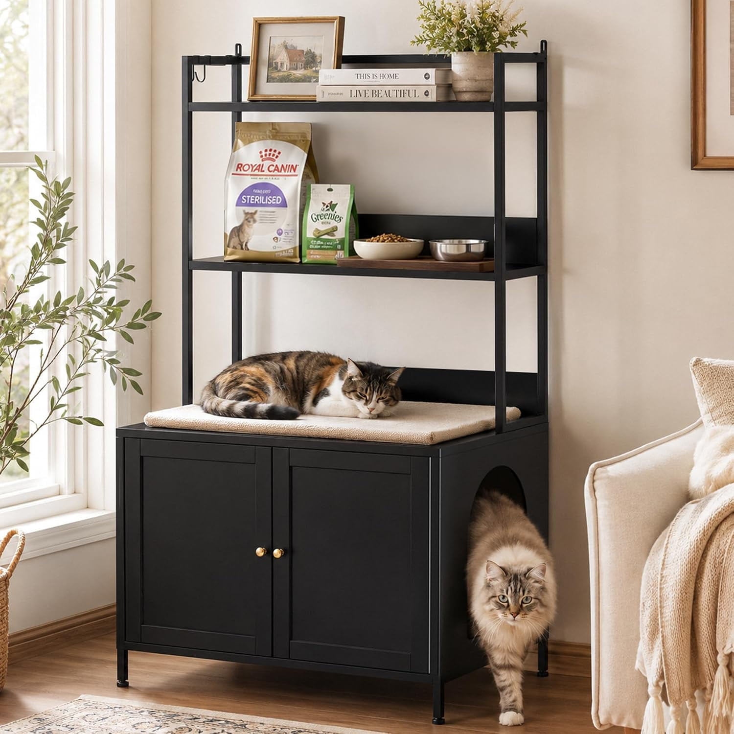 Cat Litter Box Enclosure with Shelves, Large Metal Pet House Washroom Dog Proof Furniture, Hidden Little Box Cabinet, Living Room Side End Table, Indoor Cat House, Assembly Required