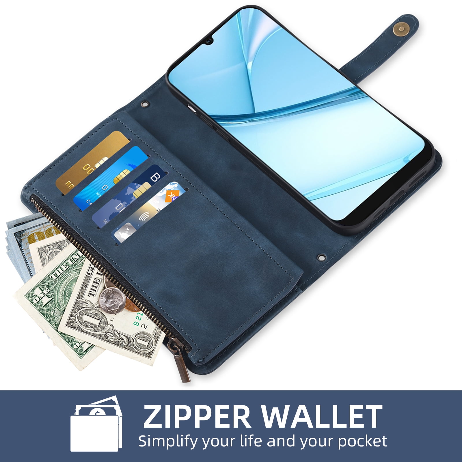 Asuwish Phone Case for Tracfone BLU View 5 Pro B170D Wallet Cover With Tempered Glass Screen Protector Flip Pattern Zipper Credit Card Holder Stand Cell Trac Fone BLUE View5 5Pro 6.74 Women Men Blue