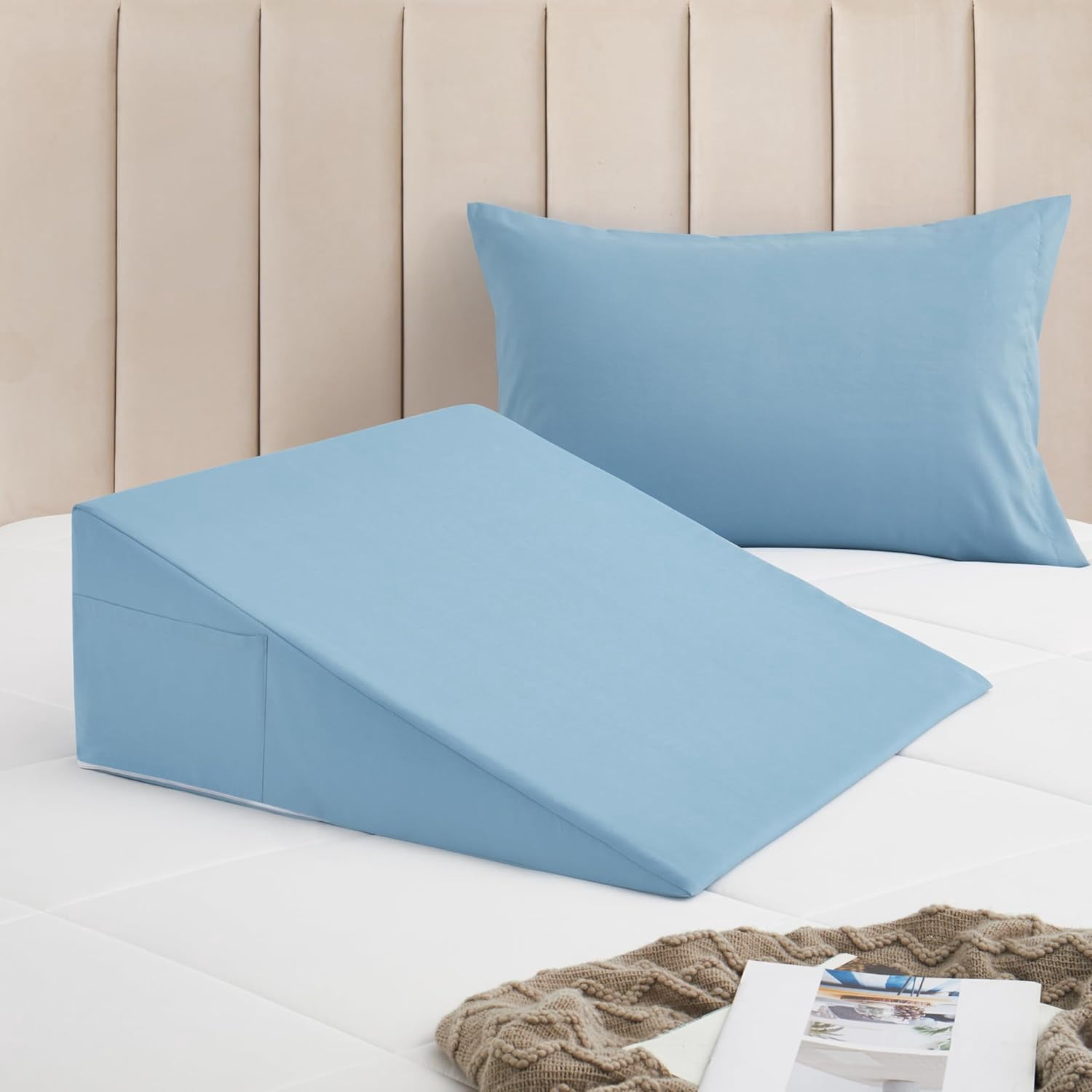 Blue Bed Wedge Pillow Cover with Zipper Design, Wedge Pillowcase Protector with Side Pocket for Storage, 24" L x 24" W x 12" H(Pillow Not Include)