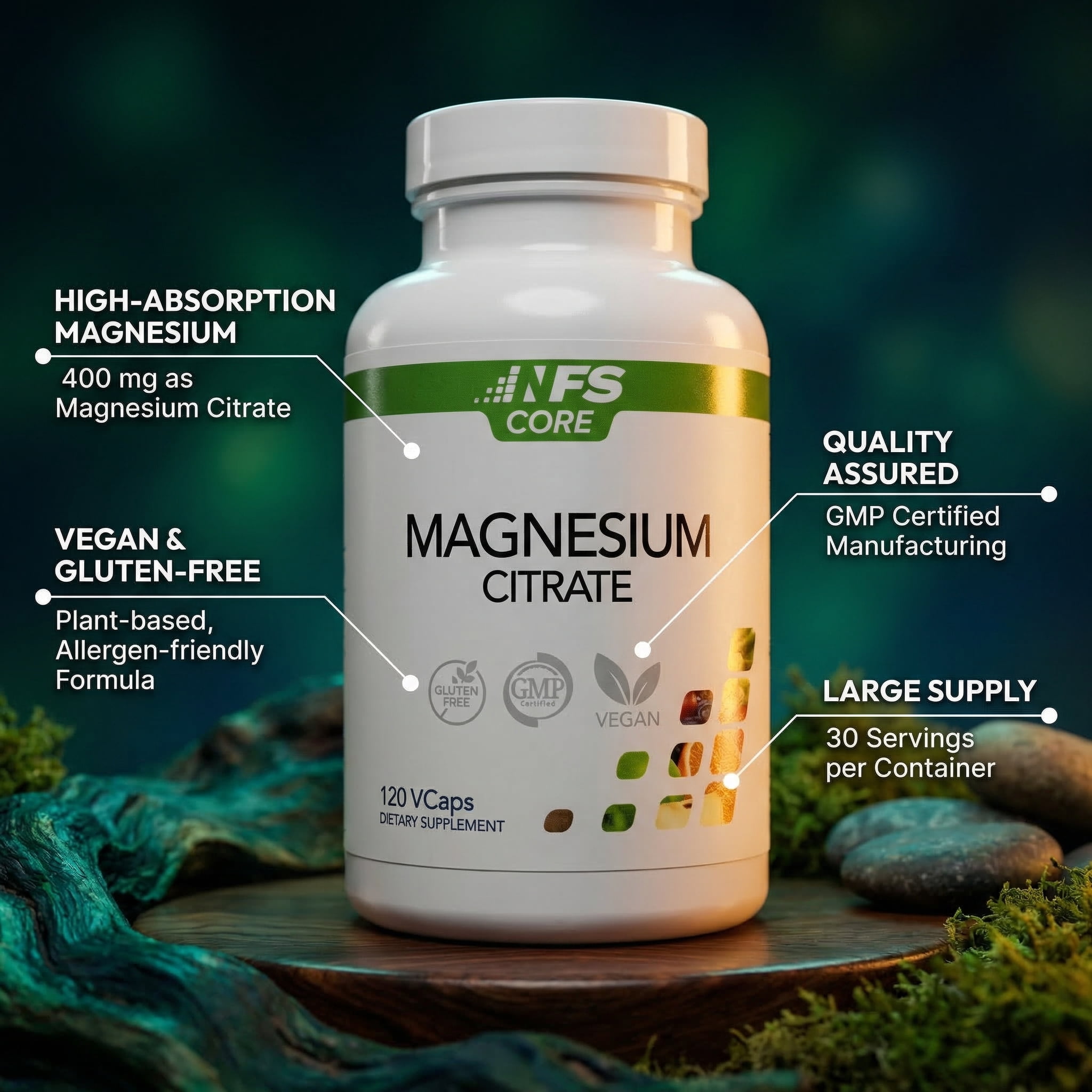 NF Sports Core Magnesium Citrate High Absorption 400 mg per Serving Vegetarian Capsules, 120 Count