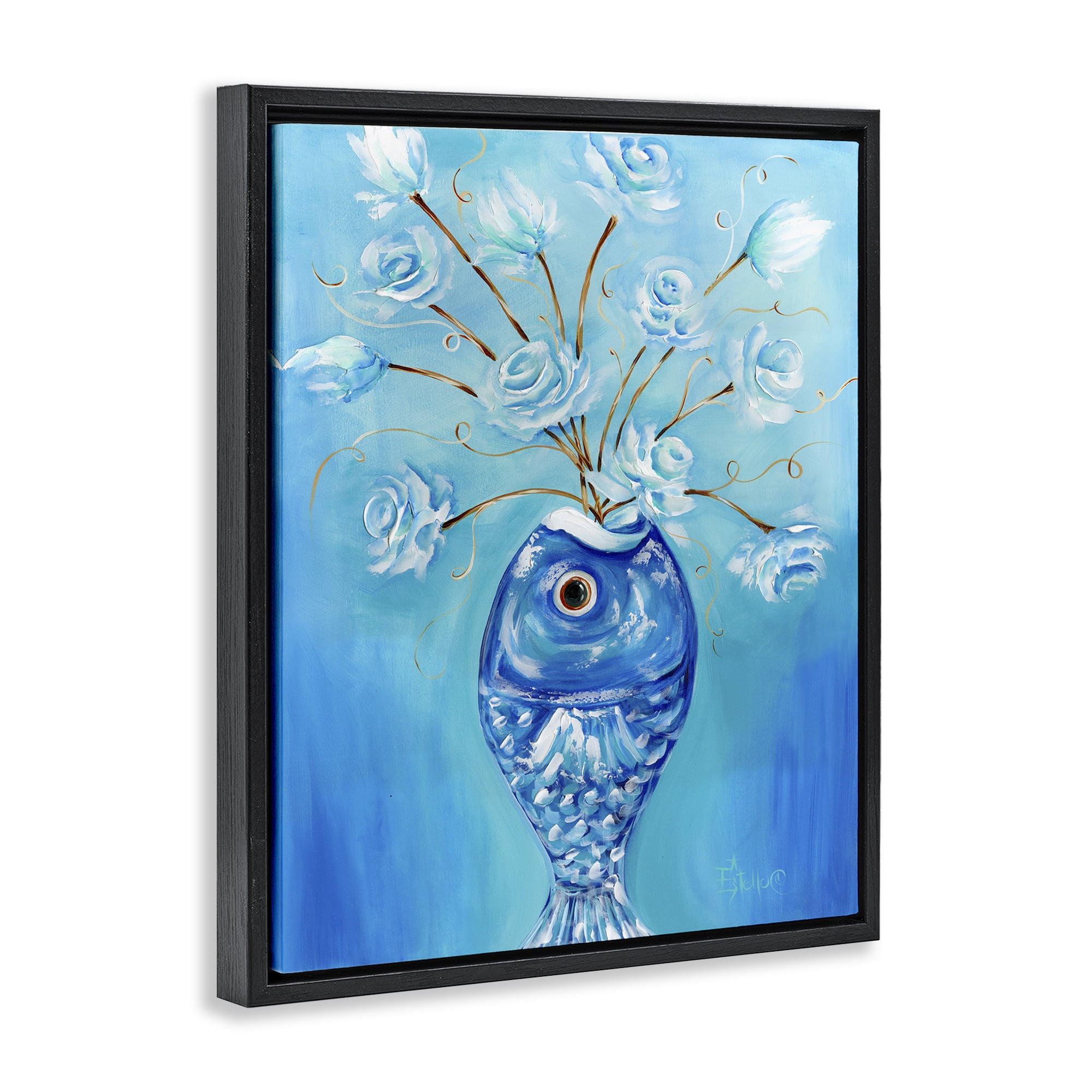 Stupell Industries Fish Vase Bouquet Botanical & Floral Painting Black Floater Framed Art Print Wall Art, 17 x 21