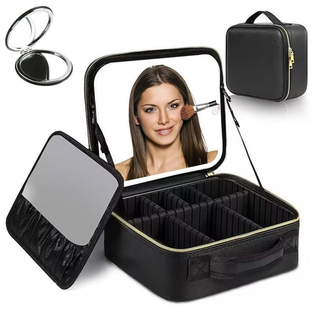Bolsa de Maquillaje Profesional con Espejo LED,con Pequeño Espejo,Estuche de Maquillaje,Bolsa de Cosmético,con Divisores Ajustable y Sensor táctil 3 Colore Luces de Intensidad Ajustable