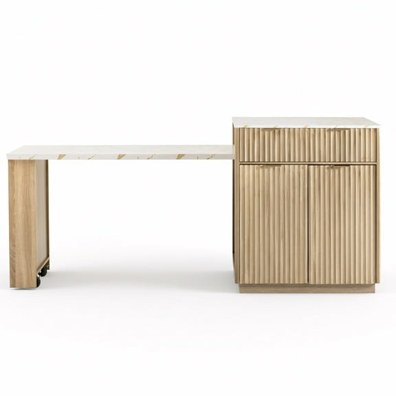 Euroco 82.6" Fluted Kitchen Island with Extendable Dining Table for 4-6, Island Table for Kitchen with Power Outlet, Kitchen Table with Double-Side Storage, 2 Drawers 2 Side Open Shelves