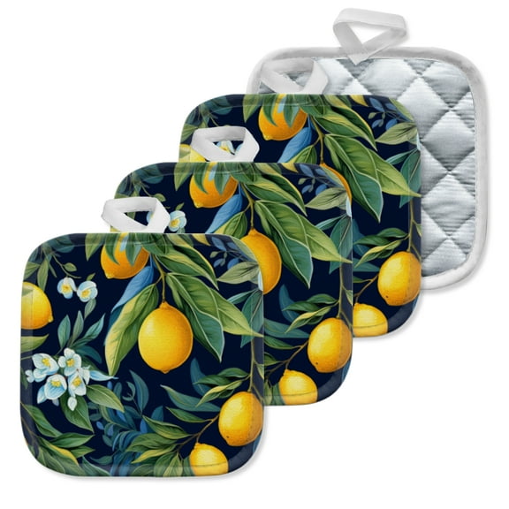 4 Pack Pot Holders,Kitchen Essential, Potholder Set,Lemon, Leaf And Flower Pattern On A Dark Blue Background