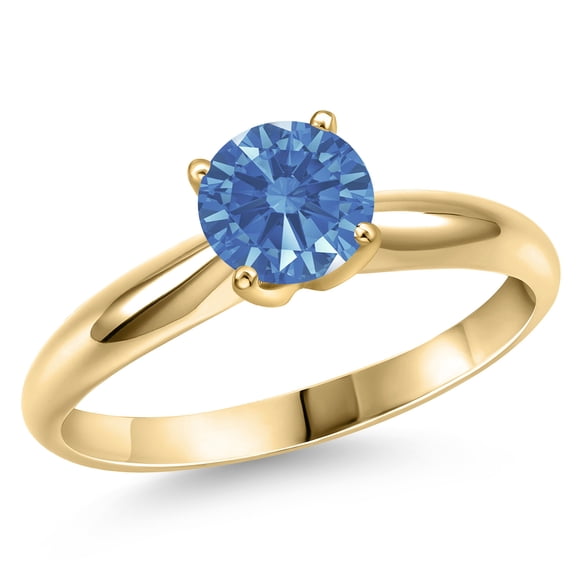 Gem Stone King 14K Yellow Gold Fancy Blue Zirconia Engagement Ring for Women | 1.28 Cttw | Round 7MM | Gemstone Birthstone | Size 9