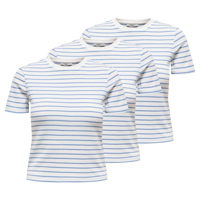 ONLY Camiseta de mujer Paquete de 3 - ONLLUPE STRIPE TEE, manga corta, cuello redondo, corte ajustado, rayas Blanco/Azul XL (X-Large)