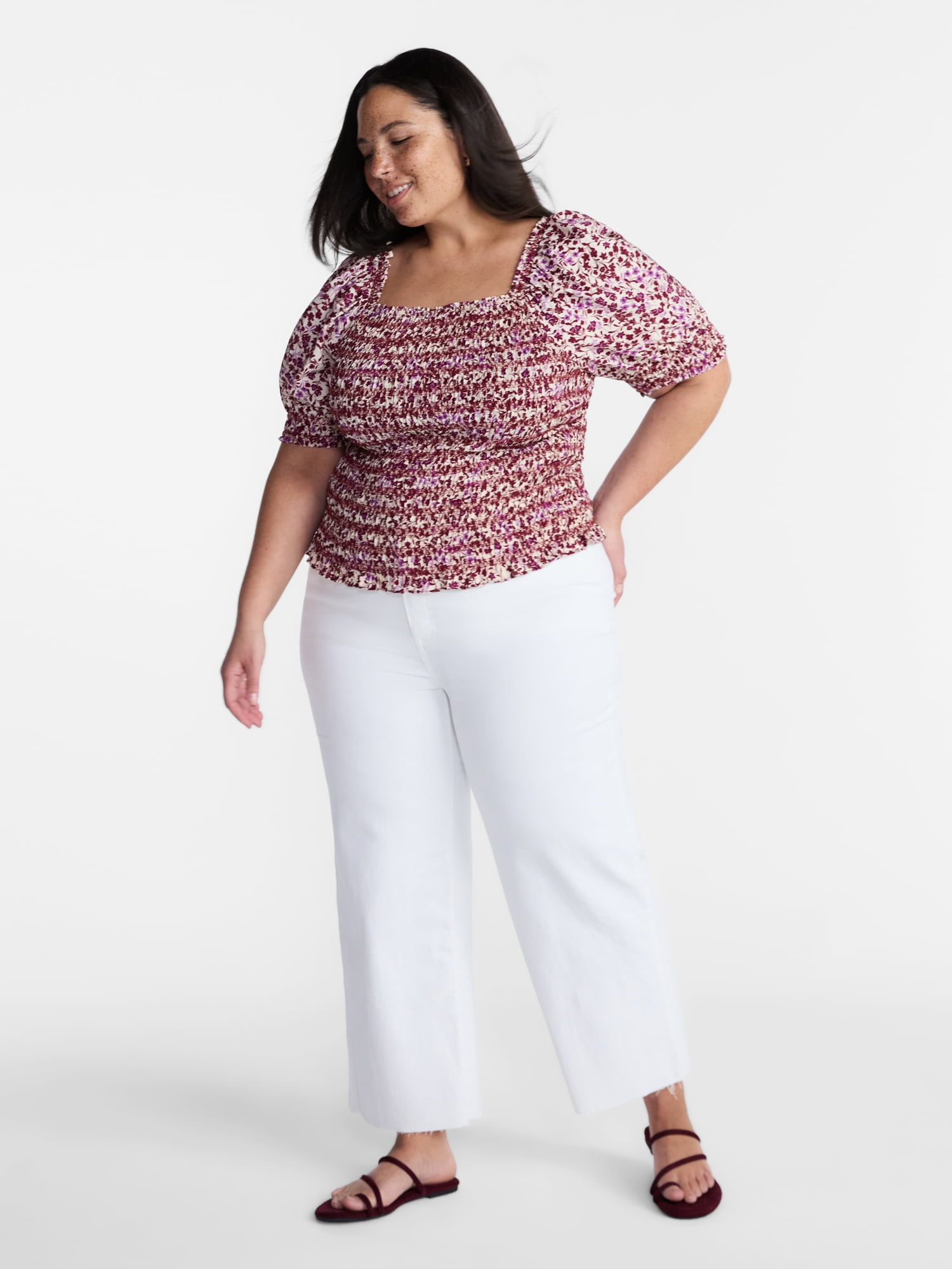 Terra and Sky Women’s Plus Smocked Blouse with Elbow Length Sleeves, Sizes 0X-4X