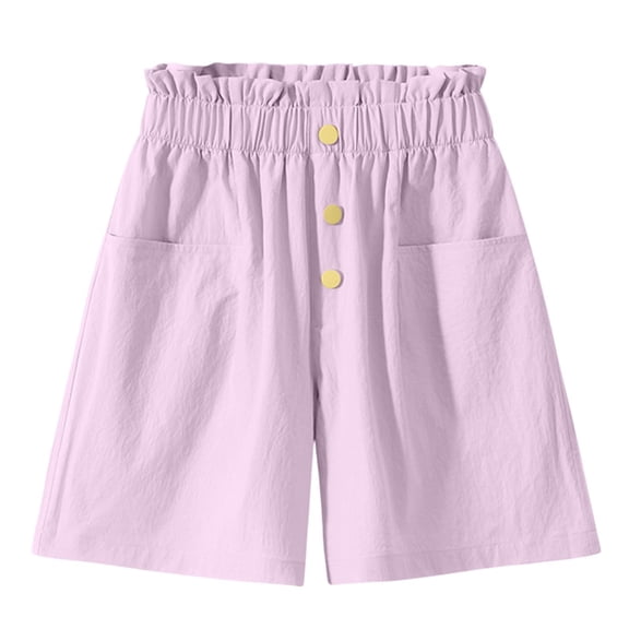 Liweisiy Summer Shorts for Girls 4-16Y Ruffled Elastic Waist Pleated Casual Cute Long Shorts with Pockets, Purple 9-10 Years