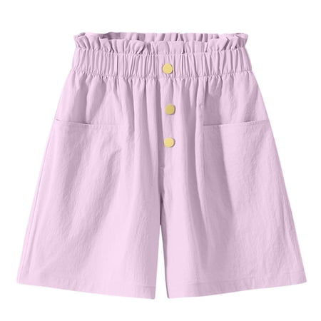 SEROYE Summer Shorts for Girls 4-16Y Ruffled Elastic Waist Pleated Casual Cute Long Shorts with Pockets Purple 11-12 Years