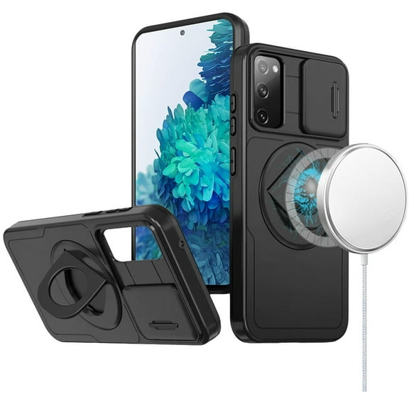 Designed for Samsung Galaxy S21 FE /Fan Edition Full Coverage with Camera Window, Magnetic Circle, Rotatable Ring Stand, MagSafe Compatible, Shockproof Hybrid Protectiv Phone Case Cover - Black